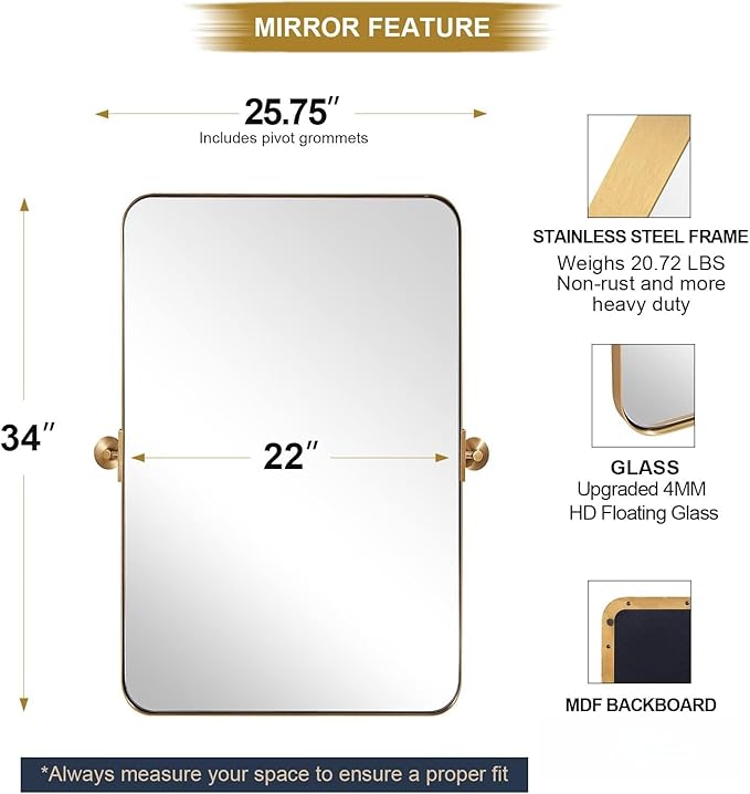 ANDY STAR 22"x34" Brushed Gold Pivot Mirror for Bathroom, Brass Metal Frame Bathroom Mirrors for Wall，Rectangle Titling Vanity Wall Mirror with Rounded Corner Design Hangs Vertically Only