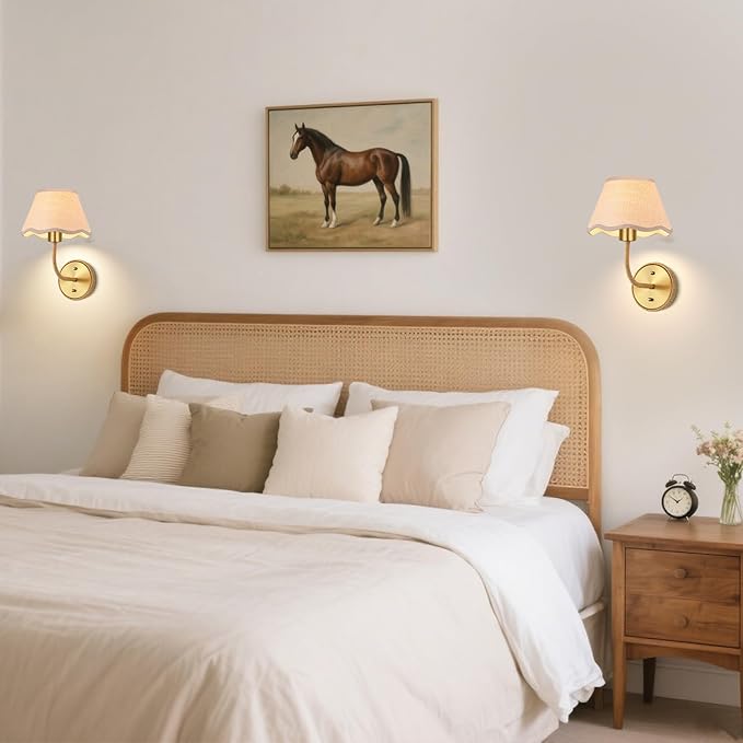 Boho Hand Woven Rattan Wall Sconces Set of Two Gold Rustic Wall Lamp Hardwire Brass Farmhouse Wall Mount Lights for Bedroom Living Room Hallway Vanity