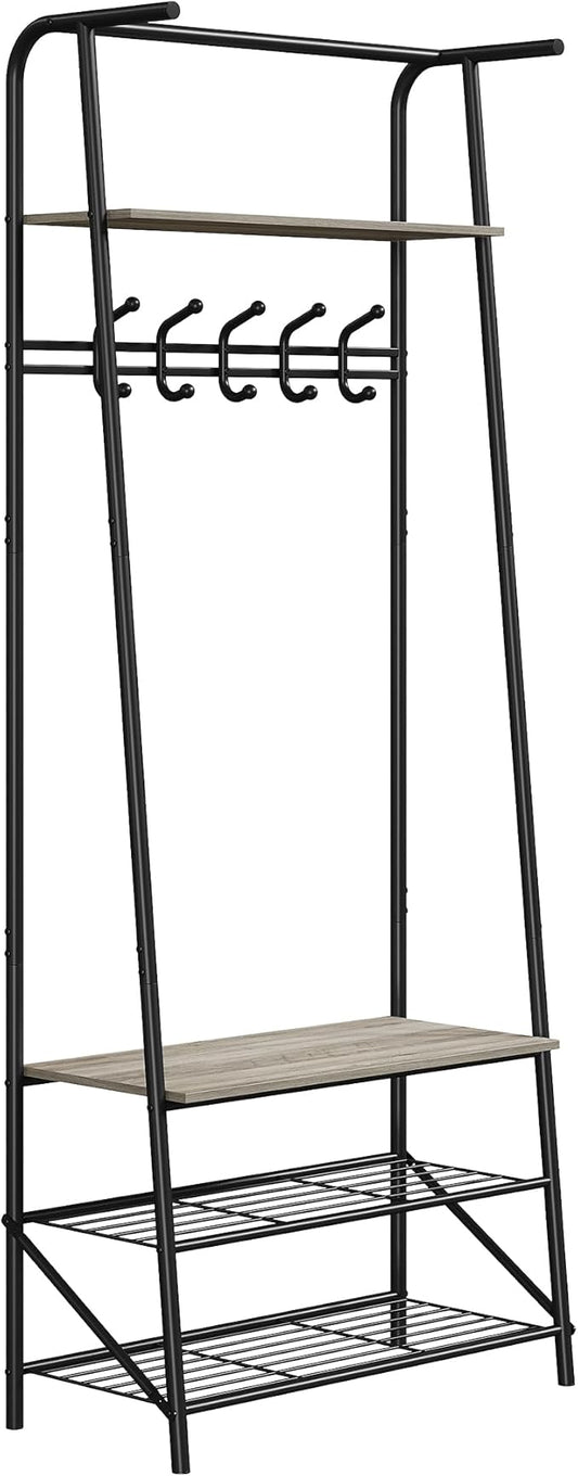 MDF Hall Tree with Bench, 4-in-1 Entryway Coat Rack with Storage Shelf & Shoe Organizer, Sturdy Freestanding Furniture for Living Room, Bedroom, Mudroom