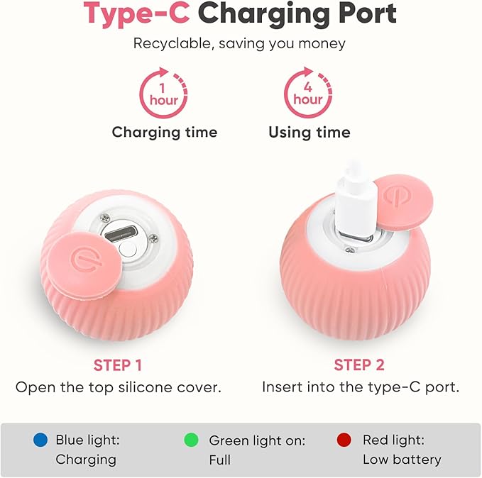 Petbobi Interactive Cat Toy Ball - Automatic Cat Toy with LED Light, USB Rechargeable Self Moving Ball, Indoor Active Rolling Toys, 360°Rotating Smart Sphere, 2 Modes, Fun Gift for Kitten, Pink