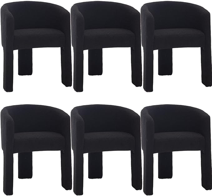 Modern Sherpa Barrel Dining Chairs Set of 6, Upholstered Boucle Dining Chairs Accent Chairs with Arms Comfy Makeup Vanity Chairs, Dining Living Room Kitchen Chairs, Black