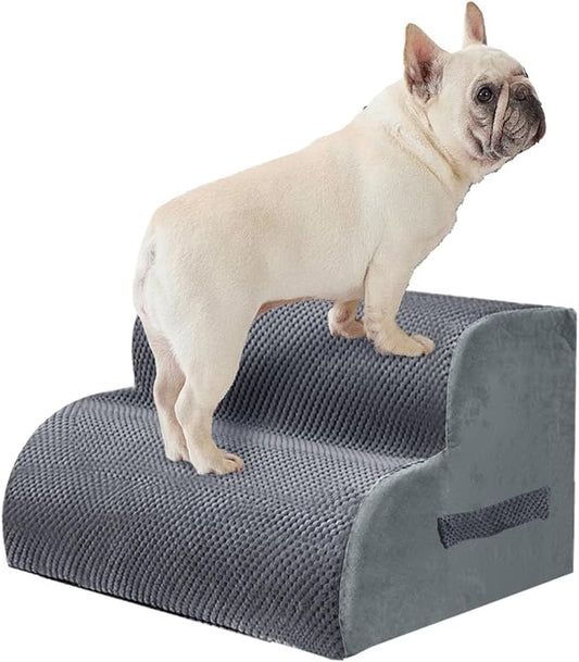 PAWSCART Dog Stairs for Small Pets, 11.8" H with 30D Material Soft Foam, Portable Ramp Non-Slip Surface Non-Slip for Couch and High Bed Climbing, 2-Step Stairs for Cat or Dog, Grey