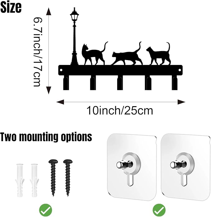 magilab Cat-Themed 10-Inch Iron Key Hooks with 5 Hooks, Black Wall Organizer - Cute Cat Design for Home Decor, No Drill & Screw-in Options (Style G)