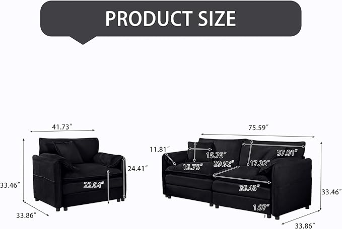 Chenille Sofa Set for Living Room, Modern Deep Seat Sofa Chair and Oversized 3-Seater Cloud Couch for Bedroom, Office, Apartment, Furniture Set