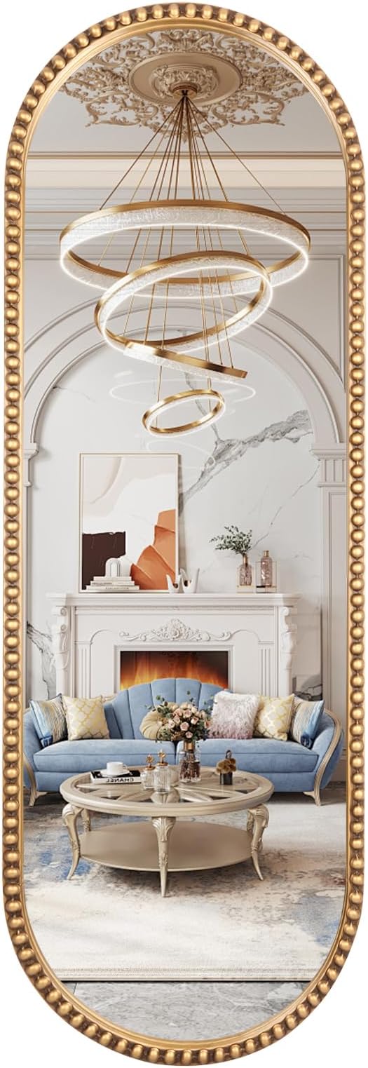 Oval Full Length Mirror, 20"x53" Metal Beaded Frame Large Hanging Dressing Floor Mirror for Bedroom, Living Room, Entryway, Antique Gold (No Stand)