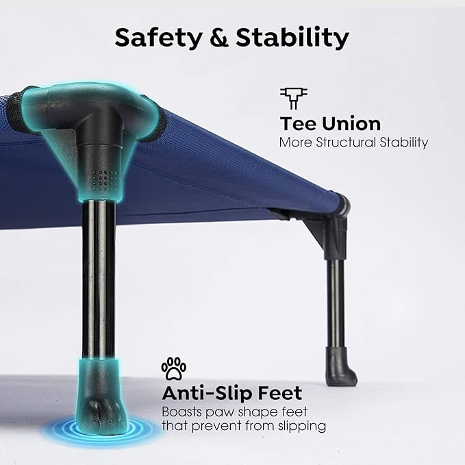 Veehoo Outdoor Elevated Dog Cot Bed, Cooling Raised Pet Bed for Small Dogs, Washable Breathable Mesh Hammock Bed with No-Slip Feet, Indestructible Ground Off Training Platform Cot-22"x17" Blue