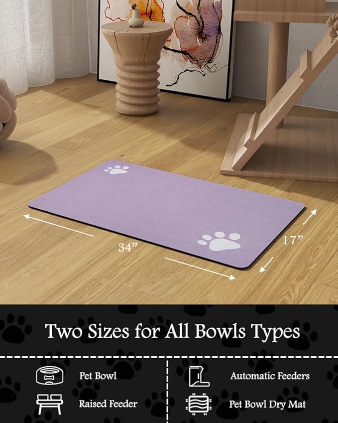 Pet Feeding Mat-Absorbent Dog Mat for Food and Water Bowl-No Stains Quick Dry Water Dispenser Mat-Dog Accessories Pet Supplies-Bowl for Messy Drinkers（Purple,17"x34"