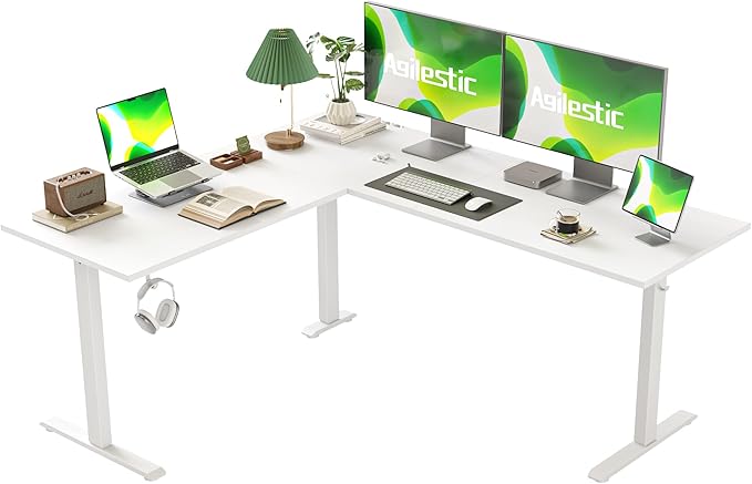 Agilestic L Shaped Standing Desk Adjustable Height, Electric Corner Standing Desk, 63 x 55 inch Sit Stand Computer Table with Splice Board, White