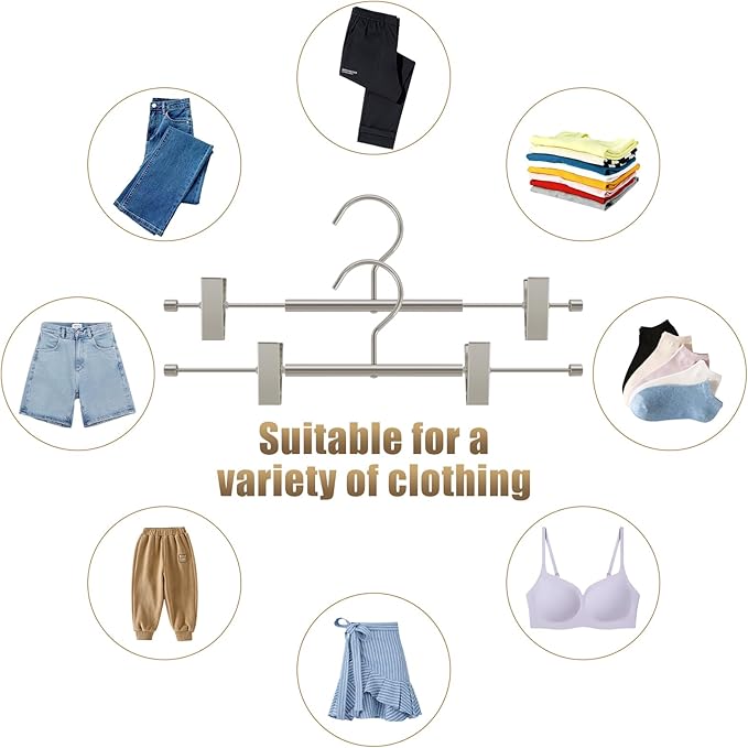 VWV 10-Pack Adjustable Women's Skirt and Pants Hangers, Durable, Space-Saving, Suitable for Jeans, Shorts, Underwear, Sports Bras (Matte Pearl Nickel)
