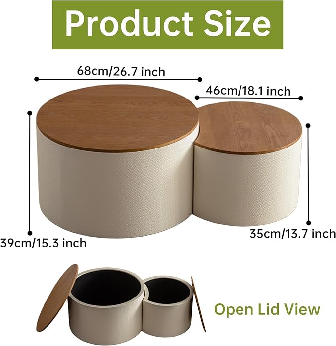 Round Nesting Coffee Table Set of 2, Round Fluted Coffee Tables with Storage for Living Room Leather Veneer Modern Nesting End Side Tables for Small Spaces (A Storage White)
