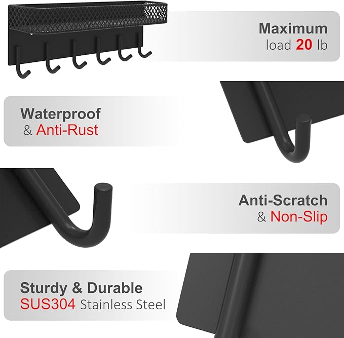 Key Holder for Wall – Decorative Stainless Steel Key Hanger with 6 Hooks for Hats, Bags, Leashes – Mail Holder Key Rack with Mounting Hardware and Guide (9.65” x 2.8” x 2.2”) (Black)