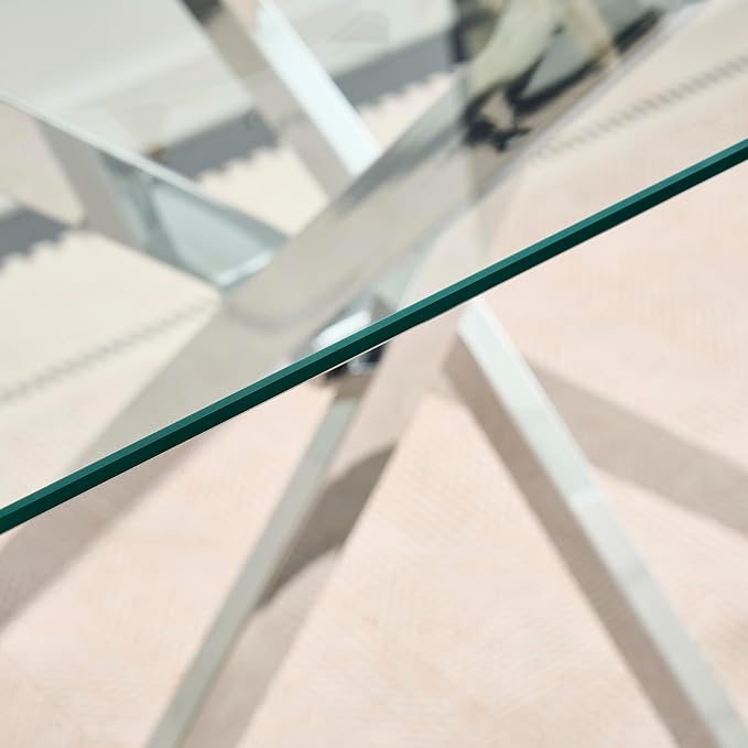 36" Square Glass Dining Room Table for 4 with Tempered Glass Top and Silver Chrome Metal Legs, Modern Clear Kitchen and Dinner Table for Home Office Dining Room