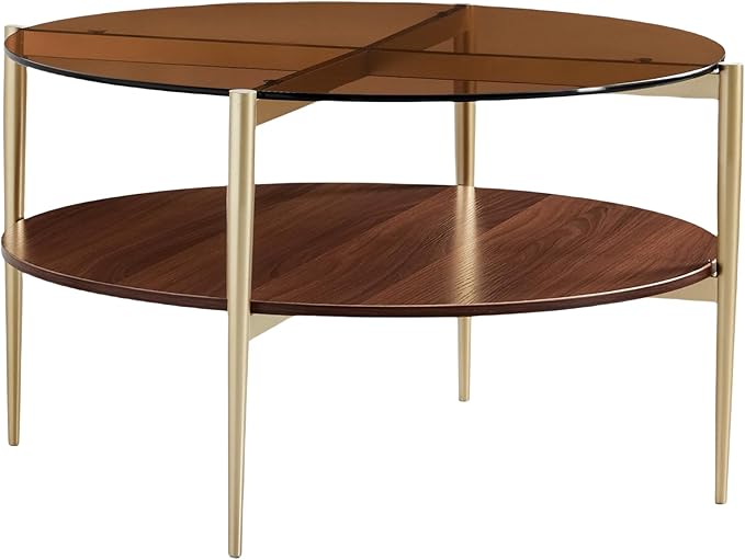 Shrine Round Glass Coffee Table, Mid-Century Modern Design, D30 x H17 in, 2-Tier Structure, Amber Glass Top and Walnut MDF Shelf, Sleek Conical Metal Legs with Gold Finish