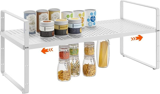 16.5-27’’L Expandable Stackable Cabinet Shelves, Adjustable Spice Rack Cabinet Shelf Organizer for Kitchen, Countertop, Pantry and Cupboard, White