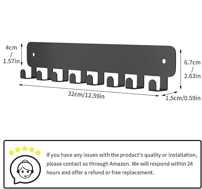 pickpiff Key Holder Wall Mount, Adhesive Key Rack with 8 Hooks Hanger for Car Key Ring, Metal Key Chain Organizer, Black 1 Pack