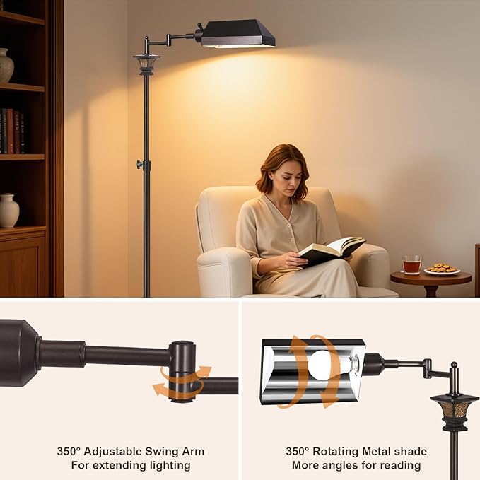 Scenekoy Adjustable Height Smart LED Floor Lamp for Living Room Bedroom, Remote Control Traditional 350º Swing Arm Standing Lamp with Swivel Metal Shade, Decor for Reading House Home Office
