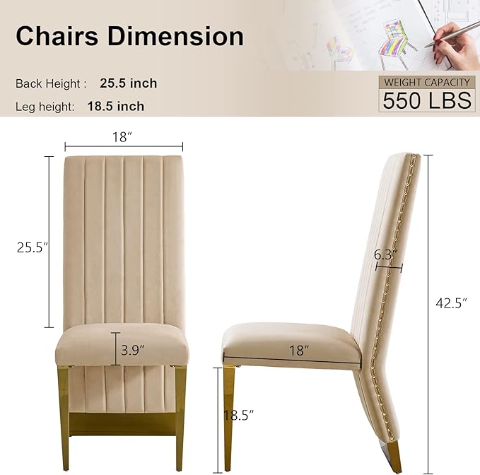 AUZ Dining Chairs with Nail Head Trim, Modern Velvet Upholstered Dining Room Chairs in Lovely Color with Polished Gold Stainless Steel Legs, Set of 4