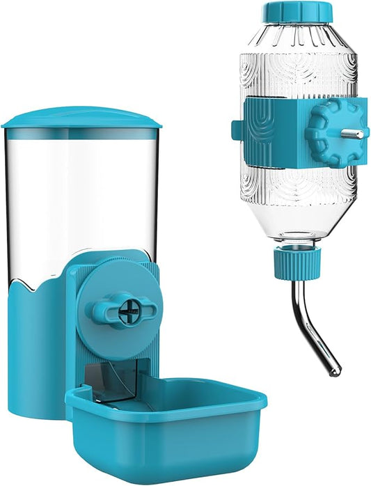 Automatic Pet Food Water Dispenser, Auto Gravity Pet Feeder Water Bottle Set for Cage, Feeding Station for Puppy Kitten Rabbit Guinea Pigs Chinchilla Ferret Hedgehog (Blue)