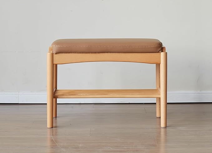 Solid Wood Shoe Bench Assembled, Shoe Rack Bench with Silicone Leather Cushion for Entryway, Living Room, Bedroom, Hallway, 11.8" x 31.5" x 16.5", Natural & Brown