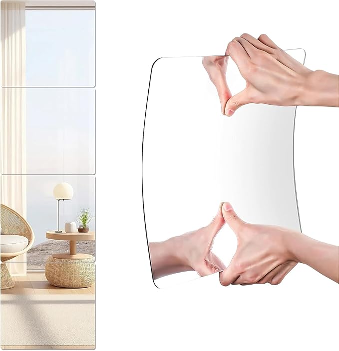 8 Pack 12x12 Inch Shatterproof Acrylic Mirror Tiles, Self-Adhesive Full Body Wall Mirrors for Bedroom, Home Gym, Bathroom & Living Room, Unbreakable Flexible Mirror Sheets