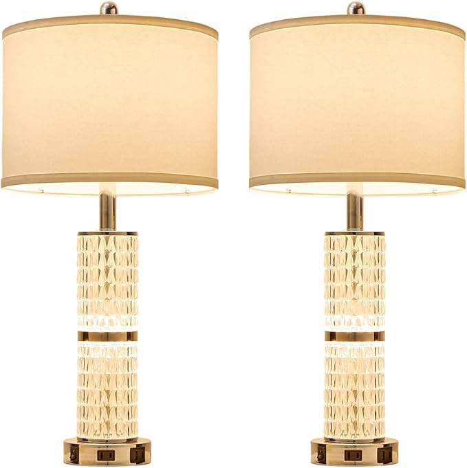 Crystal Table Lamps Modern 3-Way Dimmable Bedside Lamp with 2 USB Ports & AC Outlets for Living Room Bedroom Nightstand Lamp Night Light