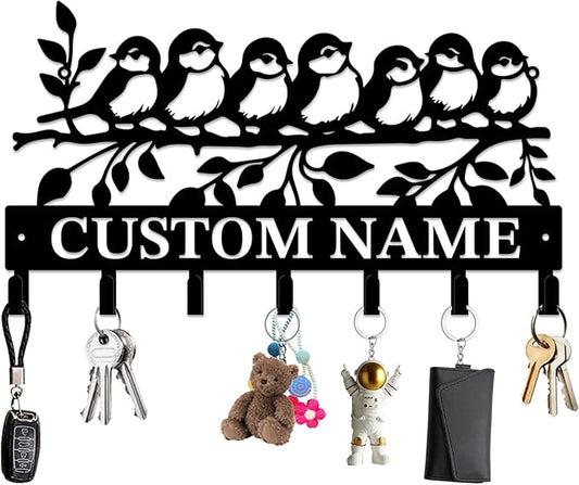 Personalized Custom Name Birds of Trees Wall Key Hooks,Metal Birds of Trees Art Clothes Hooks,Metal Birds of Trees Wall Home Storage Decorative,For Front Door, Hallway, Kitchen, Bedroom (Style C)