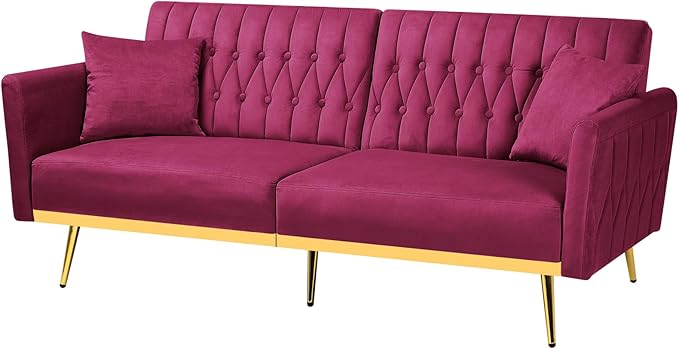70” Velvet Futon Sofa Bed with 2 Pillows and Adjustable Armrests, Convertible Sleeper Bed W/Adjustable Backrests, Modern Loveseat for Living Room, Bedroom, Fuchsia