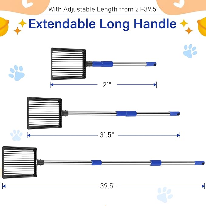 JAMIEWIN Extendable Metal Cat Litter Scoop, Long Handle Litter Sifting Shovel, 21"-39.5" No Bending Back Cat Scooper for Litter Box Heavy Duty Pet Poop Shovel Chicken Poop Scooper