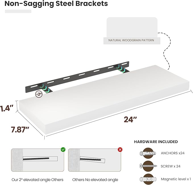 Vivelove Wooden Floating Shelves for Wall 24” x 8”x 1.4”, Solid Wood Shelf with Invisible Brackets, Deep Wall Shelves for Bathroom, LivingRoom, Kitchen, Bedroom, Modern Home Decor, Set of 2 - White