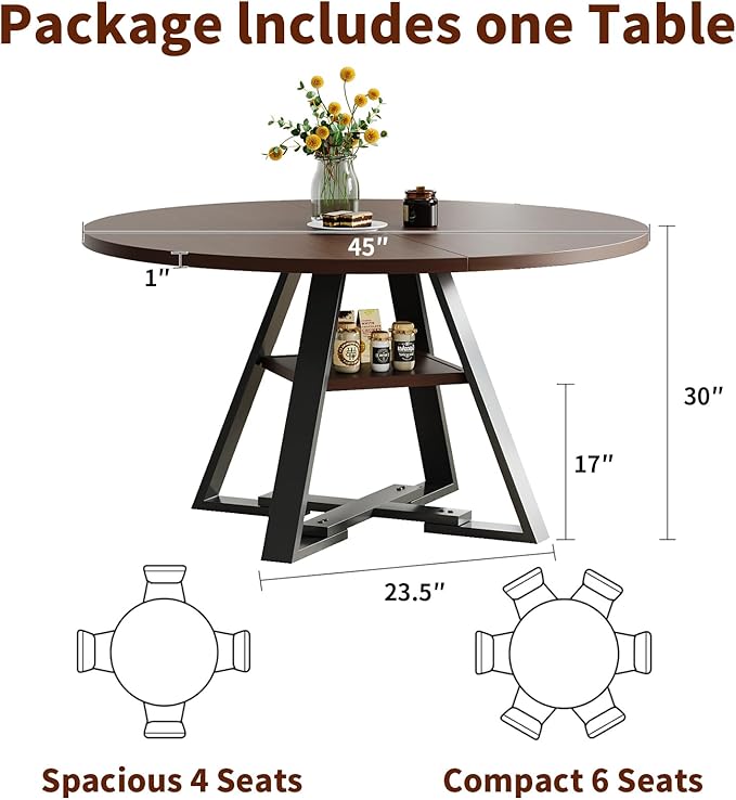 Walnut Round Dining Table Set for 4, Mid-Century Modern Kitchen Table and Chairs, Small Space Dining Room Furniture for Apartment, Breakfast Nook or Studio (Walnut wood-Storage Table+4 Brown Chairs)