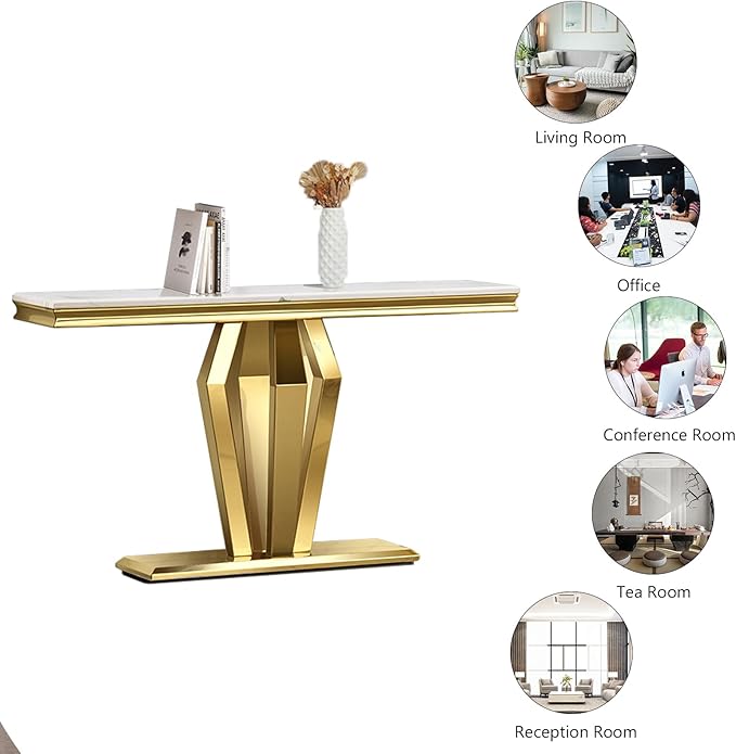Gold Console Table, White and Gold Sofa Table, 50-inch Entryway Table with Polished Geometric Base for Living Room, Hallway