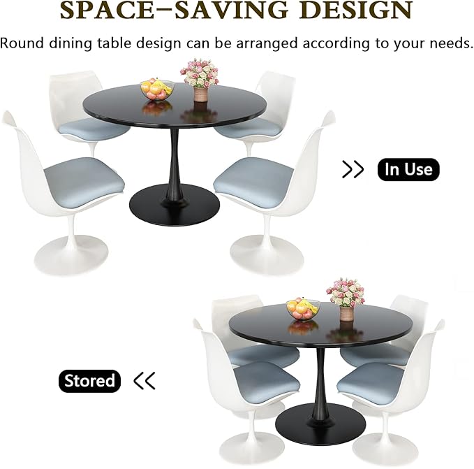 DKLGG Black Round Dining Table, 42.1" Tulip Table Kitchen Dining Table 4-6 People with MDF Top & Pedestal Base, Mid-Century End Leisure Coffee Office Living Room Table