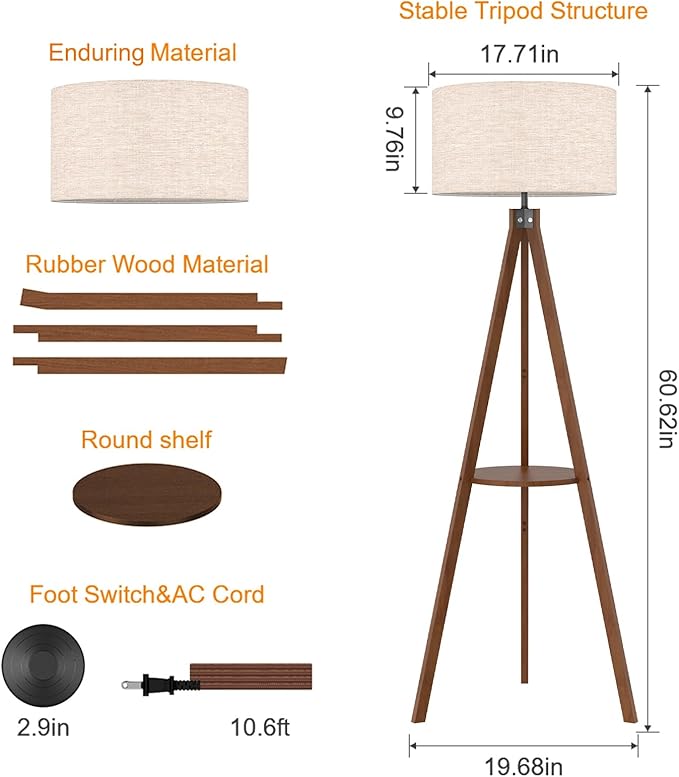 LEPOWER Tripod Floor Lamp, Mid Century Wood Standing Lamp, Modern Design Shelf Floor Lamp for Living Room, Bedroom, Office, Flaxen Linen Shade with E26 Base Brown
