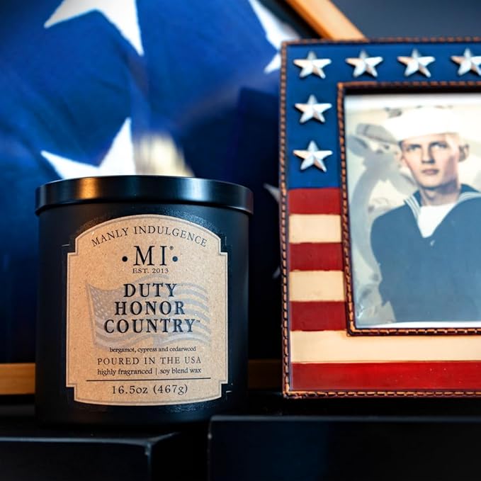 Manly Indulgence Duty Honor Country Scented Jar Candle, 2 Wick, 16.5 oz Premium Soy Blend Wax, 60H Burn, Candles for Home Scented - Made in The USA