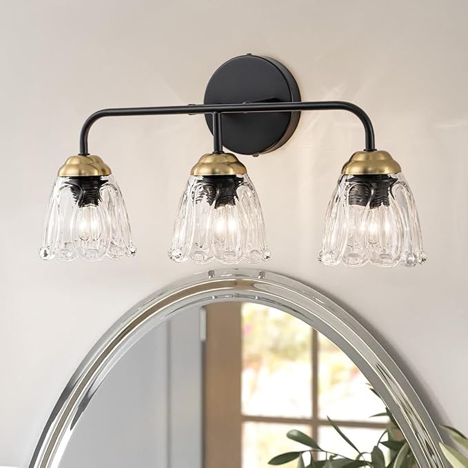 3-Light Black and Gold Bathroom Vanity Light, Thickened Glass Shade Wall Sconce, E12 Base Vanity Lighting Fixture for Mirror Cabinet Makeup Dressing Table
