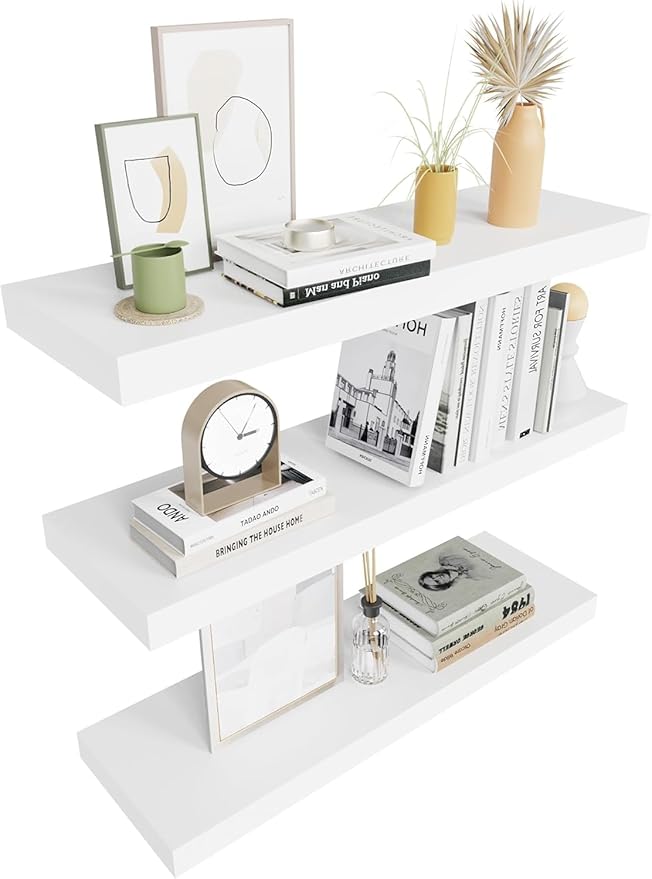 Colima Floating Shelves for Wall, Hanging Shelf for Books, Storage, Room Decor, Rustic Wood Wall Mounted Shelves for Bathroom, Toilet, Bedroom, Living Room, Kitchen, Office, White, 24in, Set of 3