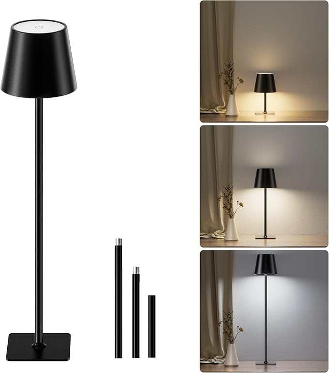 JACKYLED Cordless Lamp DIY Height, 3 Color Stepless Dimming, 5000mAh Battery Operated Lamp Portable Rechargeable for Bedroom Dinning Kitchen, Metal Black, 1 Pack