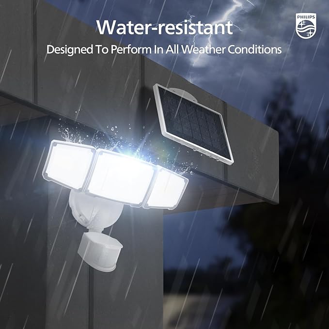 Philips 3600LM Solar Security Lights w/PIR Motion Sensor Outdoor, Waterproof Dimmable, 16ft Cable Separate Solar Panel w/3 Modes LED Flood Lights for Yard, Garage, Porch