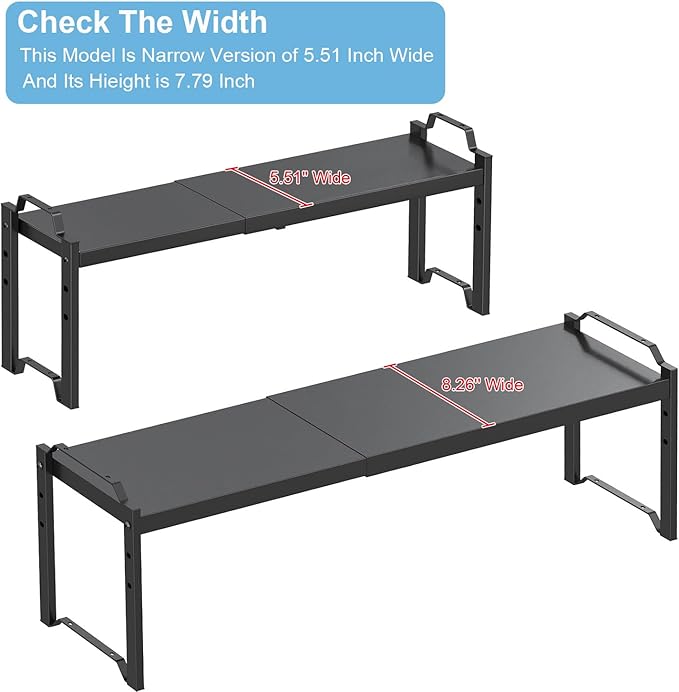 Narrow Expandable Cabinet Shelf Organizer 5.51" Width, Kitchen Counter Storage Shelves Spice Racks, Small Cupboard Countertop Tabletop Shelves Organizers, Expandable Adjustable Stackable, Load 30LBS