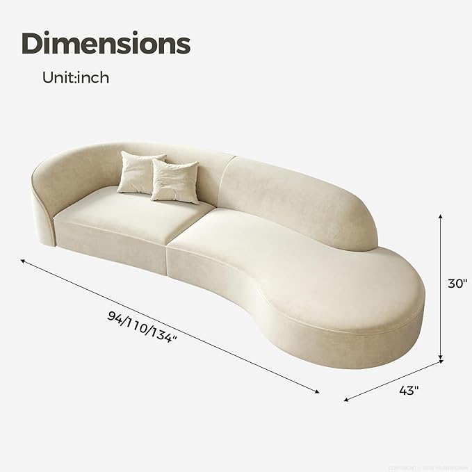 Luxury Curved Sofa Couch – Modern Upholstered Sectional Sofa, Designer L Shaped Couch with Plush Microfiber, High-Density Foam & Solid Wood Frame (Ivory Left-Facing, 94" L x 43" W x 30" H)