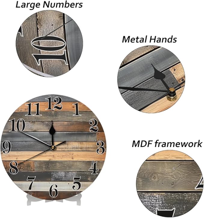 Vintage Coastal Wooden Print Wall Clock Battery Operated 10 in Round Wall Clocks Slilent Non Ticking Quartz Analog Clock for Bedroom Kids Living Room Classroom Decor