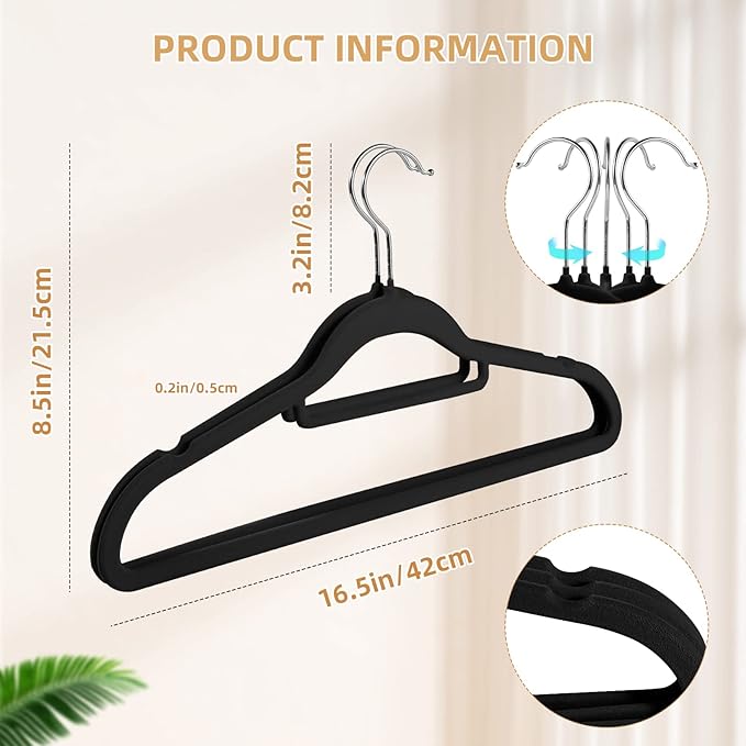 Velvet Non-Slip Black Hangers - Space-Saving Heavy-Duty Suit Hangers with 360° Swivel Hook - 20 Pack