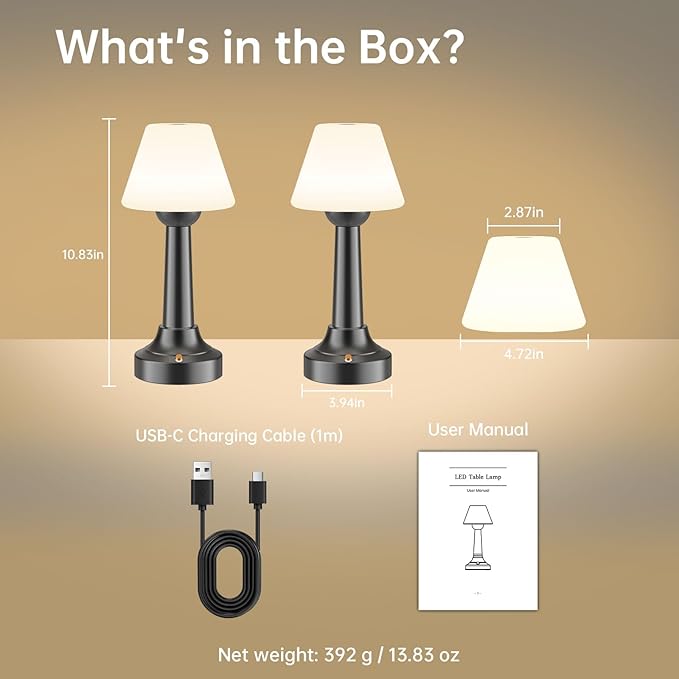 Cordless Table Lamp, Rechargeable Touch LED Lamp with 3 Color Temps & Stepless Dimming, Portable Battery Operated Light for Bathroom, Shower, Bedroom, Patio, Indoor/Outdoor Use, IP65 Waterproof