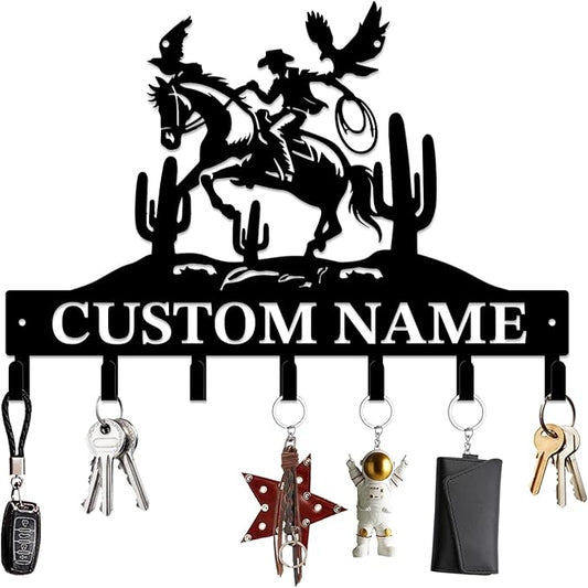 Personalized Custom Name West Cowboy Keys Hooks,Metal Cowboy Art Clothes Keys Hooks,Metal Cowboy Lover Wall Home Storage Decorative Keys Hooks,Key Holder Hooks for Wall (Style C)