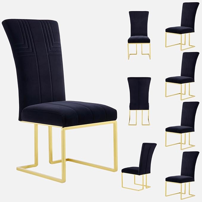 AUZ Dining Chairs Set of 8, Black Velvet Dining Chairs with Polished Gold Sled Legs, Modern Upholstered High Back Chairs for Kitchen and Dining Room