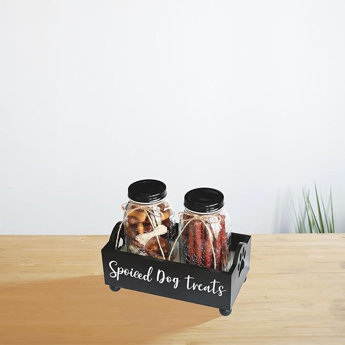 Dog Treat Container, Pet Treat Holder with Glass Jars, Farmhouse Dog Food Storage Organizer, Airtight Dog Treat Bin, Cat Dog Biscuit Dispenser, Pet Accessories (Black - 2 Glass Jars)