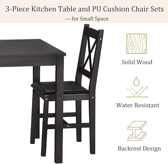 3-Piece Solid Wood Kitchen Table Set for 2 | Pine Dining Table with Upholstered Chairs | Space-Saving Design | Smooth Easy-to-Clean Surface | for Dining Room, Apartment, Restaurant, Dark Brown