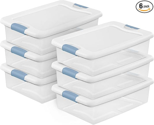 Sterilite 6-Pack Latching Box, Under Bed Storage Bins with Lids, Clear Plastic, 32 Quart - Heavy-Duty Organizing Containers for Closet, Bathroom, and Office
