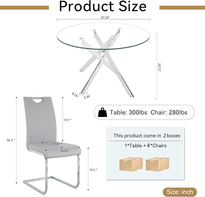 Goujxcy Round Dining Table Set for 4, Modern Glass Kitchen Table and Chairs Set of 4, 5 Piece Dining Room Table Set with 47" Circle Silver Metal Glass Dinner Table and 4 Grey Leather Dining Chairs