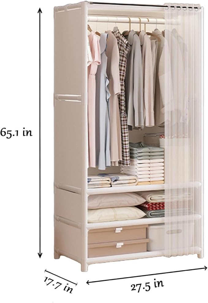 Portable Closet,Portable Closets for Hanging Clothes,Japanese Style Garment Rack with 1 Hanging Rods,2 Storage Shelves,27.5" L x 17.7" W x 65.1" H,White